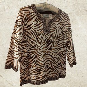 Alfred Dunner Animal Print Pullover Top Sequin Tribal Trim